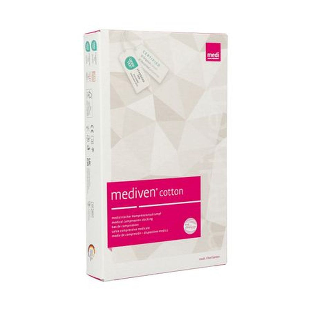 Verpakking van mediven® cotton compressiekousen. Wit met roze logo.