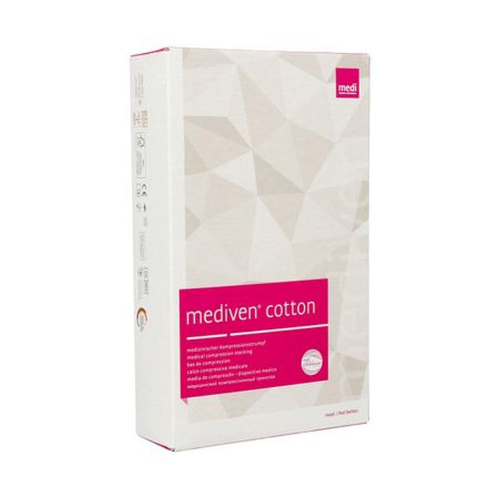 Boîte "mediven cotton". Rectangle rose avec noms de produits. Motif géométrique blanc sur l'emballage. Logo "medi" en haut.