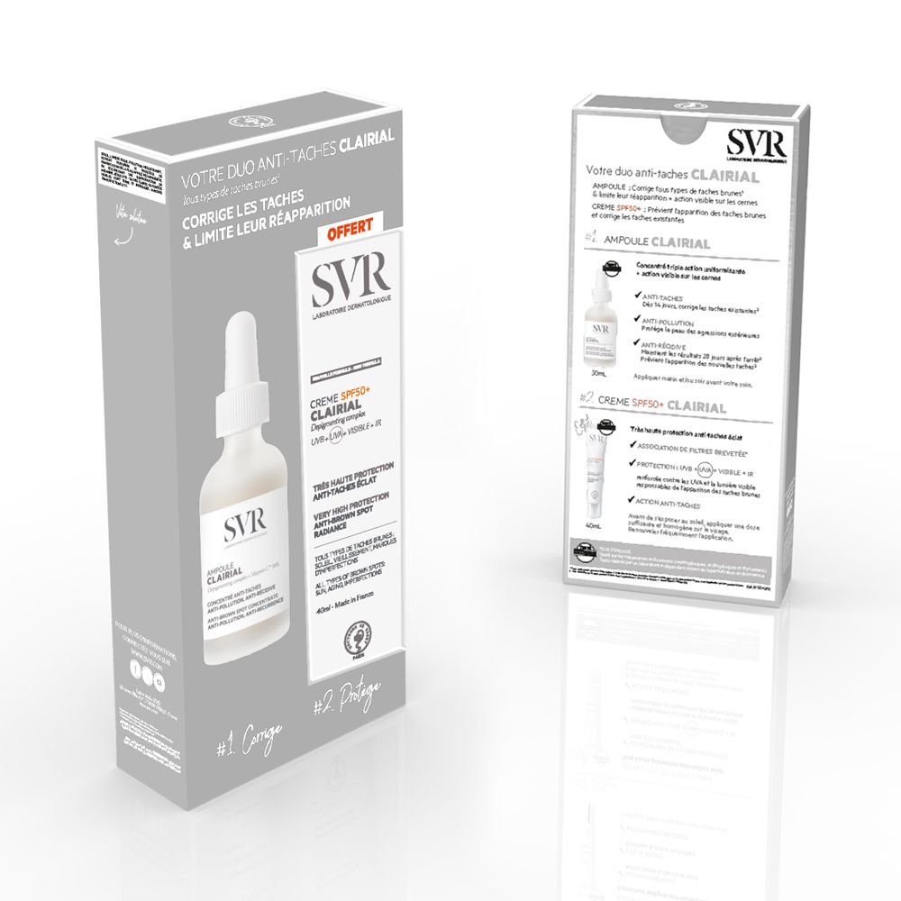 SVR Clairial duo verpakking. Ampul en Crème SPF50+. Twee producten, fles en tube. Anti-vlekken verzorging.