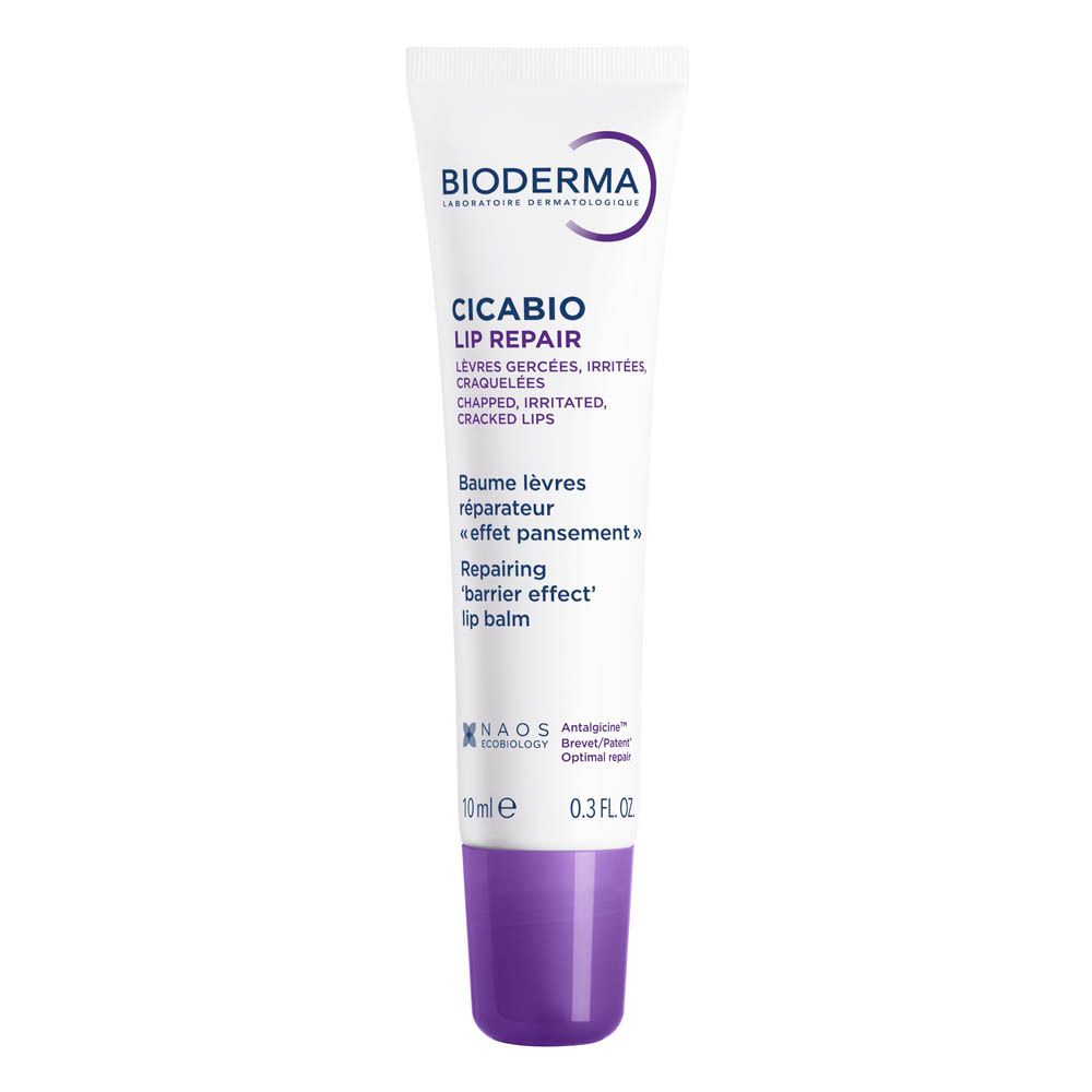 Tube Bioderma Cicabio Lip Repair. Tube blanc, bouchon violet. Inscriptions en français et anglais.