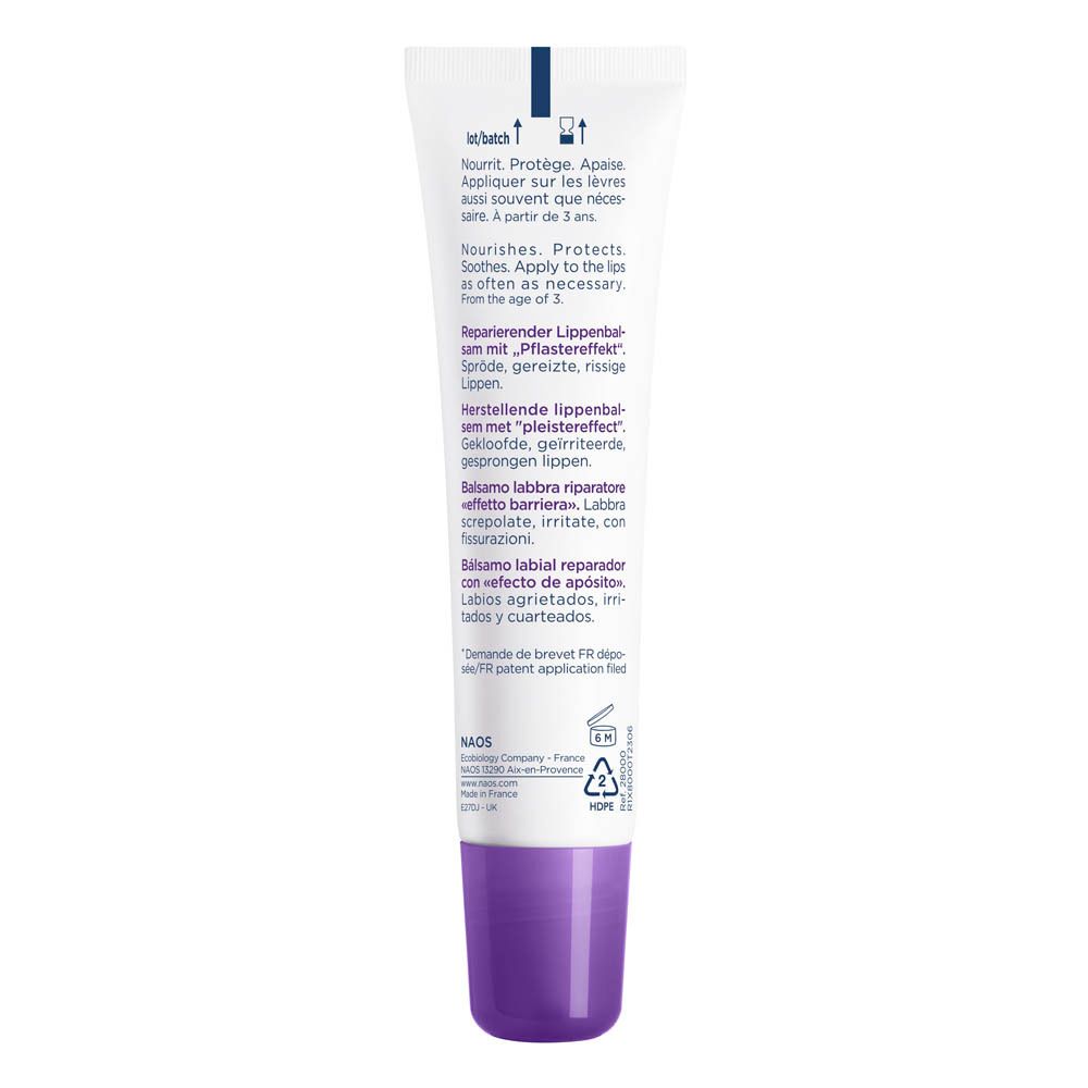 Achterkant van de Bioderma Cicabio Lip Repair tube. Meertalige tekst. Paarse dop.
