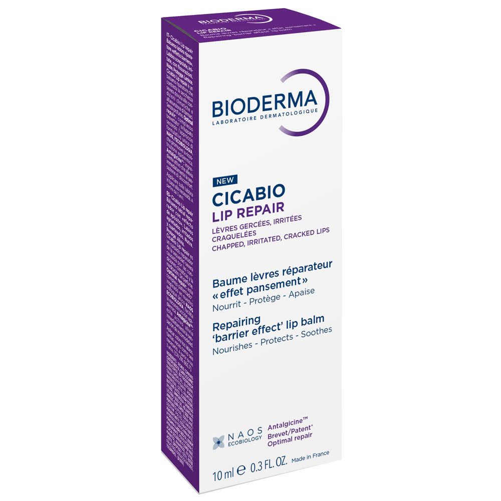 Emballage Bioderma Cicabio Lip Repair. Boîte blanche avec accents violets. Texte en français.