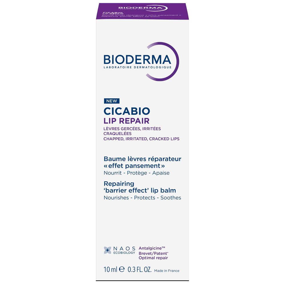 Côté de l'emballage Bioderma Cicabio Lip Repair. Texte multilingue. Informations produit.