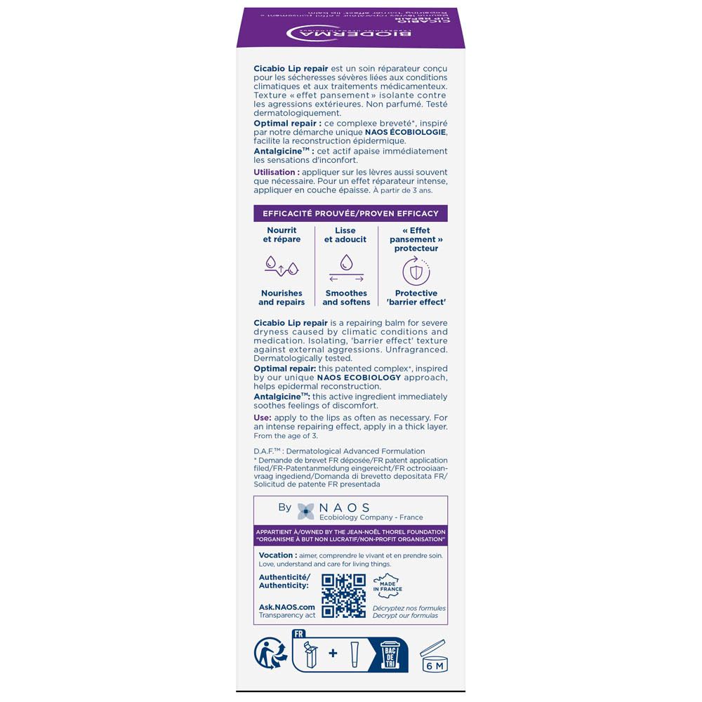 Dos de l'emballage Bioderma Cicabio Lip Repair. Texte multilingue. Description du produit.
