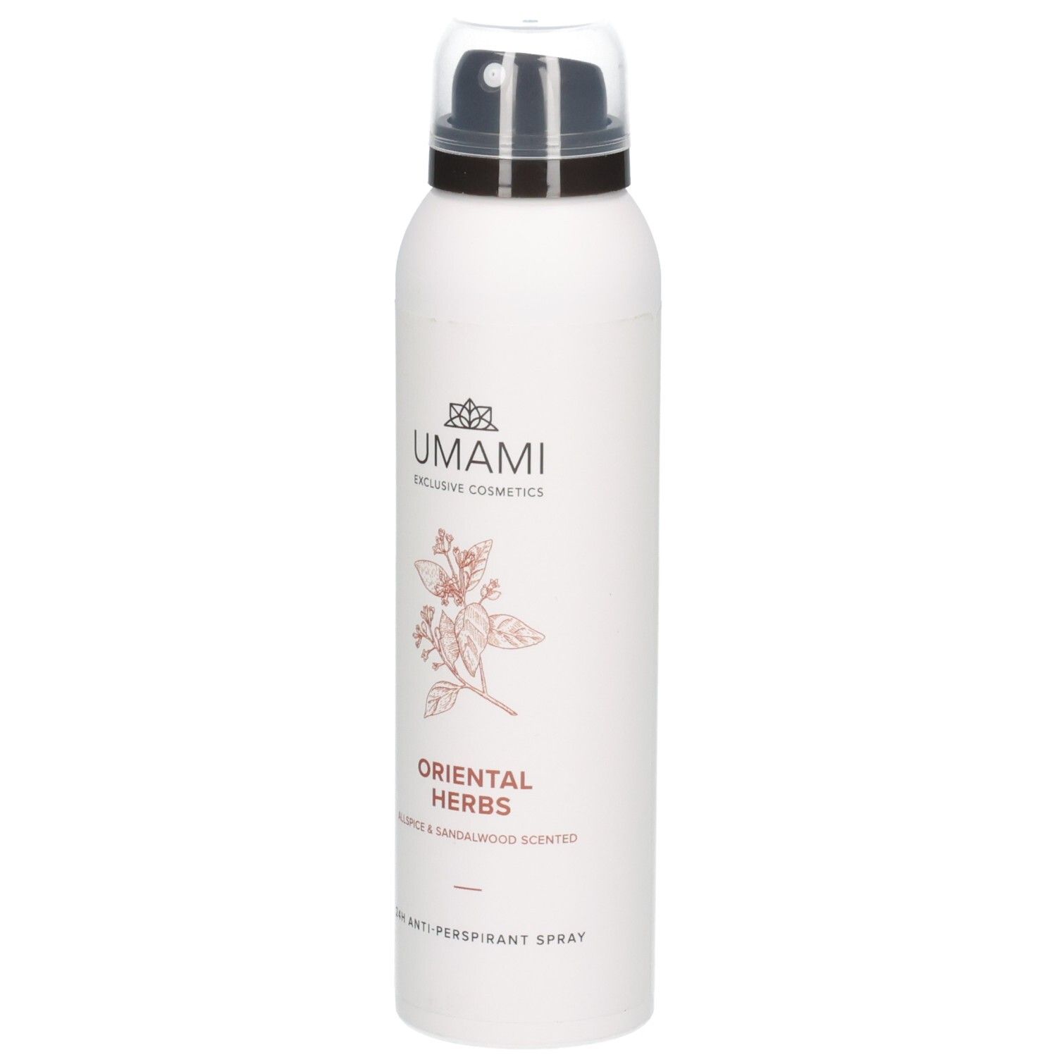Aérosol blanc avec inscription Umami Oriental Herbs, spray anti-transpirant 24h.