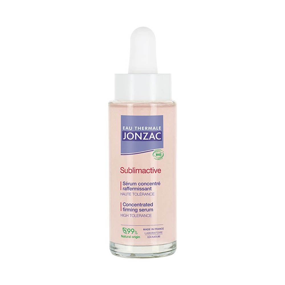 Jonzac Sublimactive Serum fles met pipet. Roze vloeistof. Tekst: 'Sérum concentré raffermissant'. Bio-certificering.