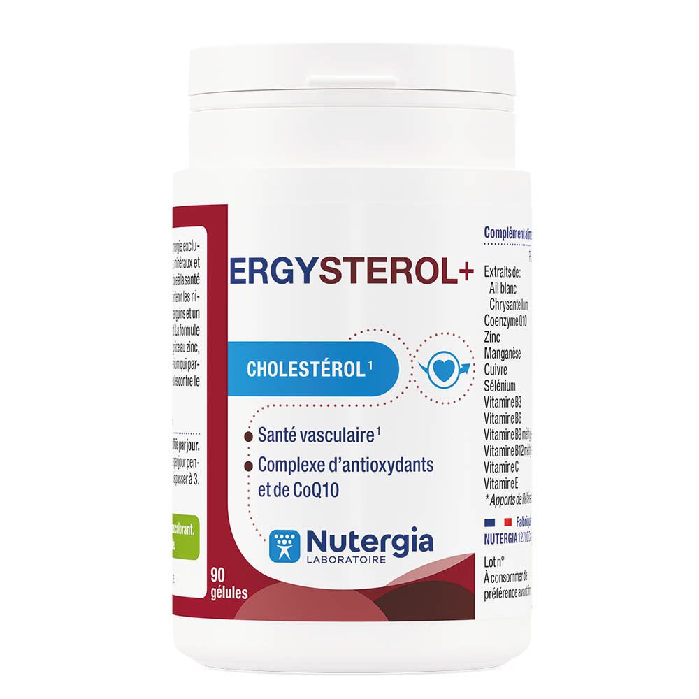 Flacon blanc Ergysterol+ avec capsules. Inscription: Cholestérol, Nutergia Laboratoire. 90 gélules.