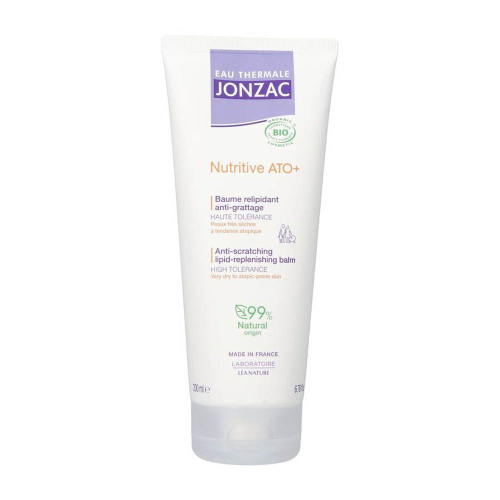 Tube blanc Jonzac Nutritive ATO+. Texte: Baume relipidant anti-grattage, 99% naturel. Certification Bio. Fabriqué en France.