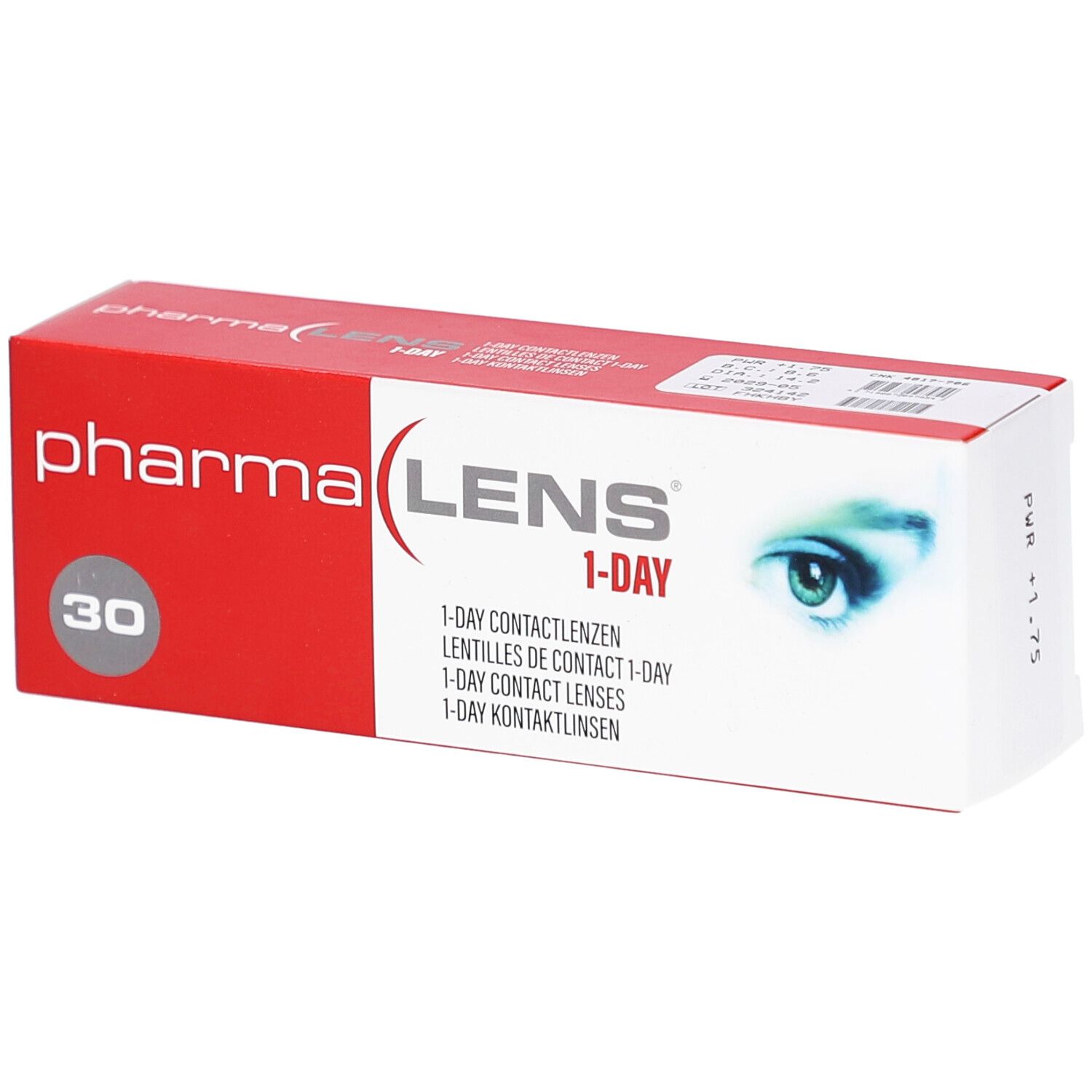 Rode en witte doos "pharma LENS 1-DAY" met "30". Opschriften: contactlenzen, oogafbeelding.
