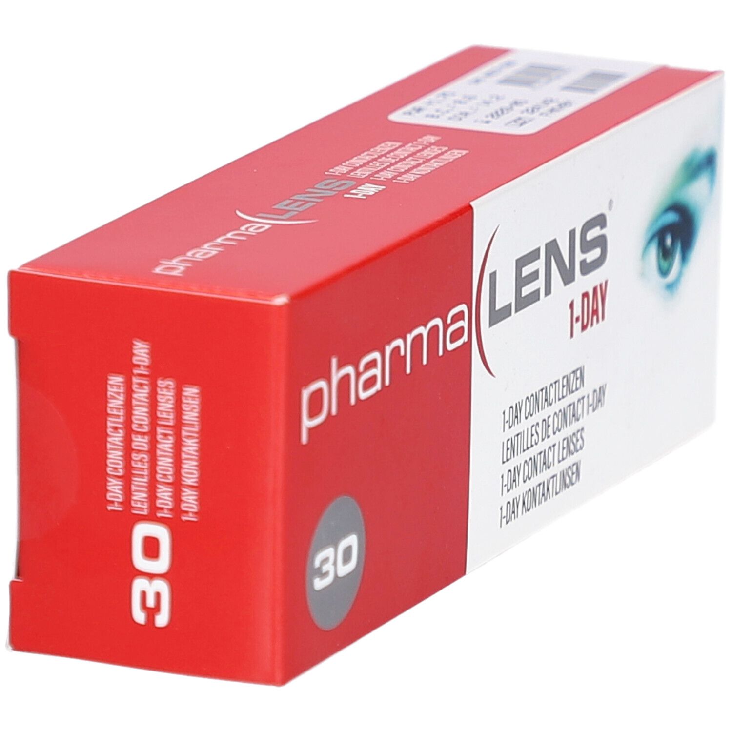 Rode en witte doos "pharma LENS 1-DAY" met "30". Opschriften: contactlenzen. Perspectief.