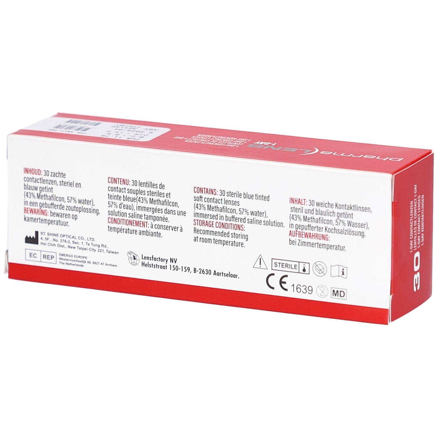 Achterkant van de rode en witte doos "pharma LENS 1-DAY". Bevat informatie over contactlenzen, CE-markering.