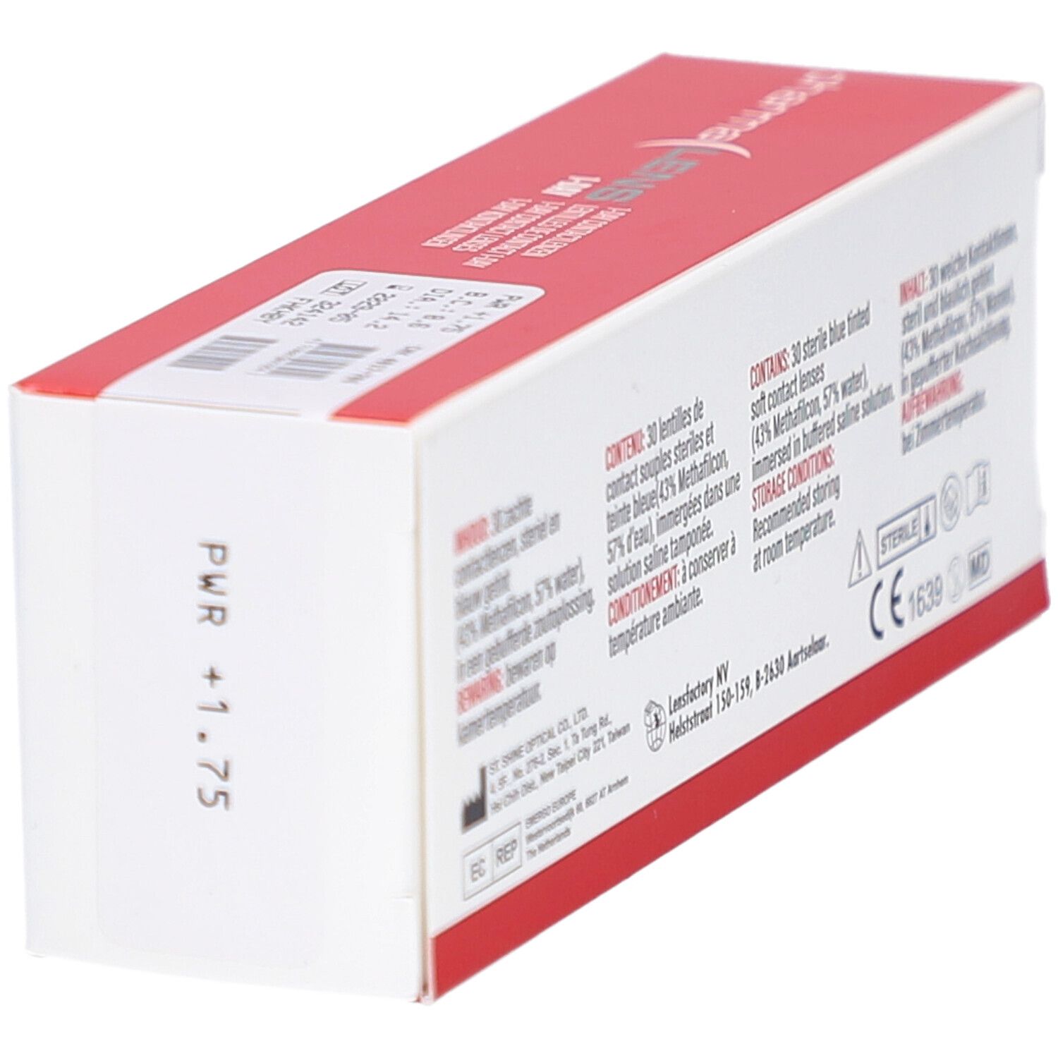 Rode en witte doos "pharma LENS 1-DAY". Zijzicht met informatie en CE-markering.