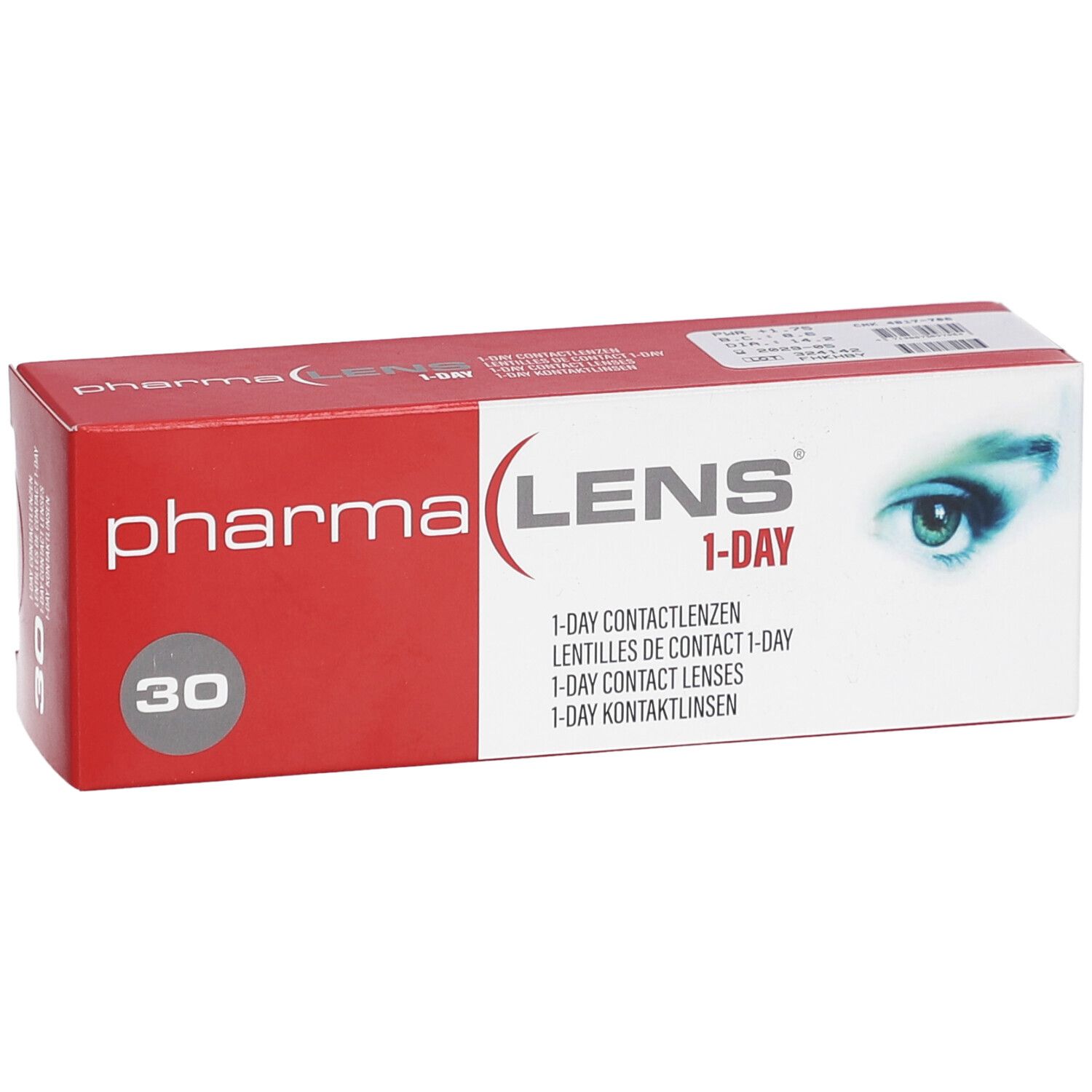 Rode en witte doos "pharma LENS 1-DAY" met "30". Opschriften: contactlenzen, oogafbeelding.