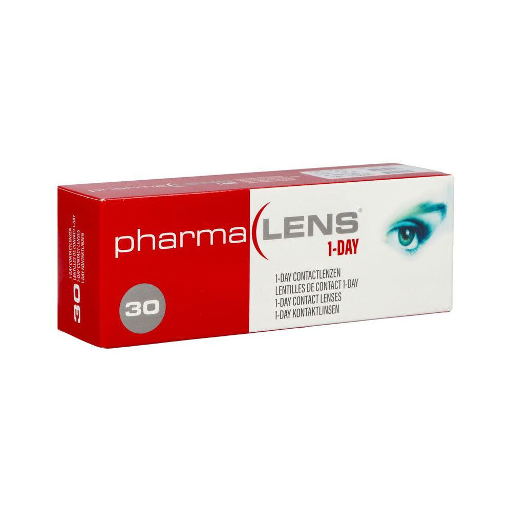 Boîte rouge et blanche de lentilles de contact. Inscription: pharma LENS 1-DAY. Contient 30 lentilles. Image d'un œil.