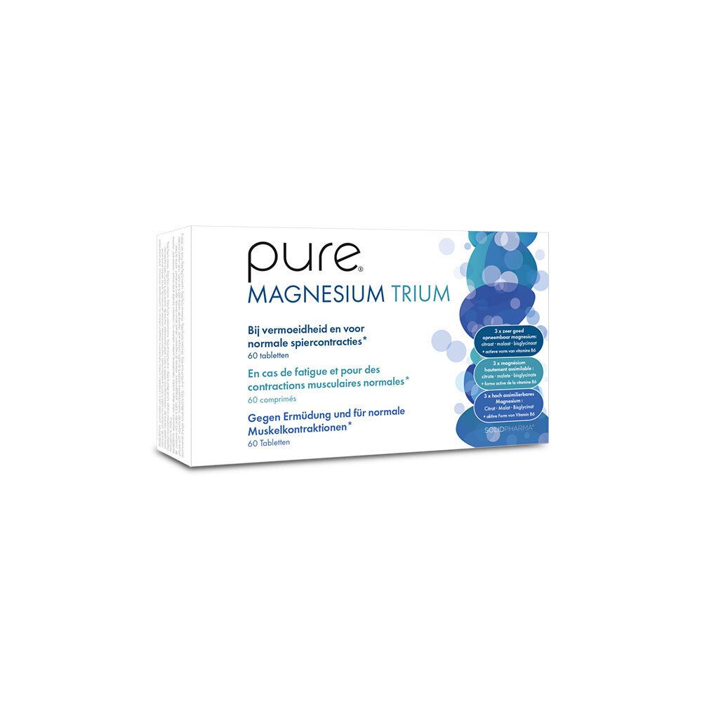 Pure Magnesium Trium doos. Wit met blauwe designelementen. Tekst in het Duits, Nederlands en Frans.