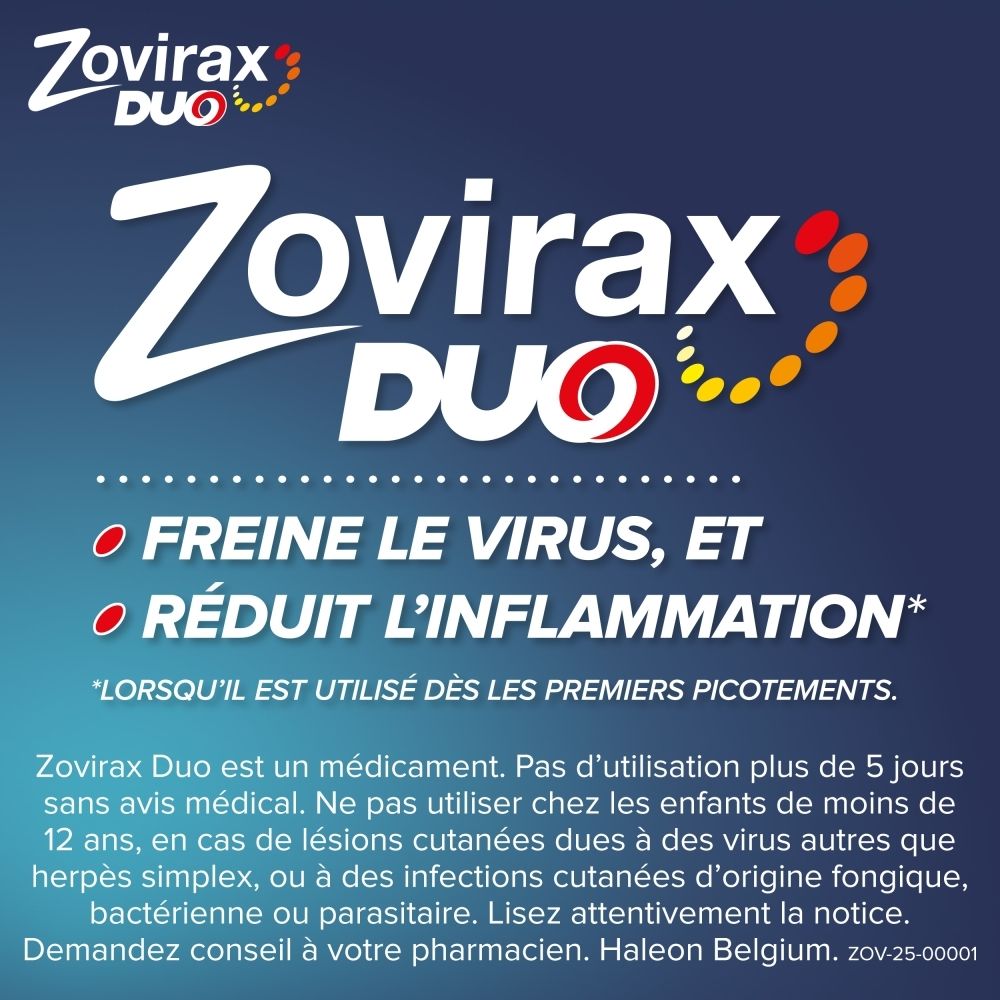 Zovirax Duo : Logo et texte indiquant qu'il freine le virus et réduit l'inflammation.