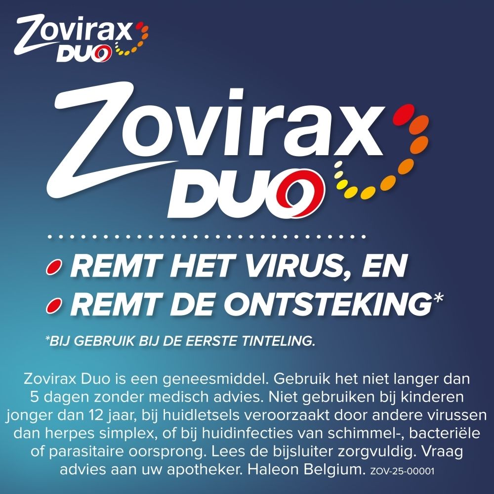 Zovirax Duo logo. Tekst: 'Remt het virus, en remt de ontsteking'.