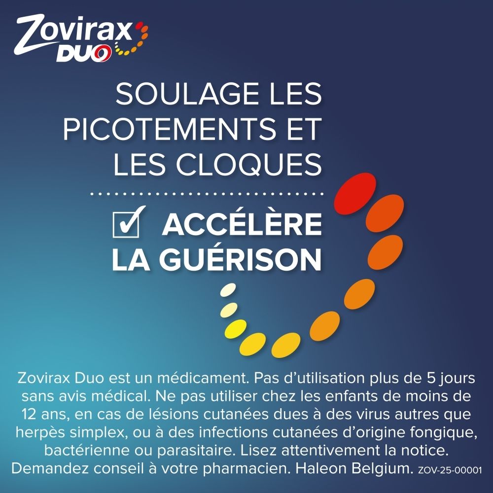 Zovirax Duo : Logo et texte indiquant qu'il aide contre les boutons de fièvre et accélère la guérison.