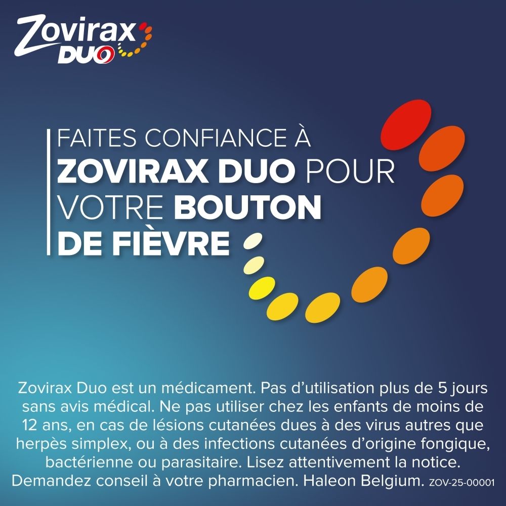 Zovirax Duo : Logo et texte indiquant qu'il faut lui faire confiance pour les boutons de fièvre.