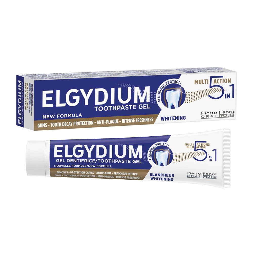 Tandpastatube en doos. Opschrift: ELGYDIUM, Gel Dentifrice, 5 in 1. Bevat Fluorinol. Witte en blauwe kleuren.