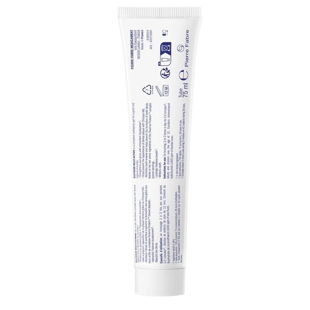 Dos du tube de dentifrice. Texte multilingue. Informations d'utilisation et ingrédients.