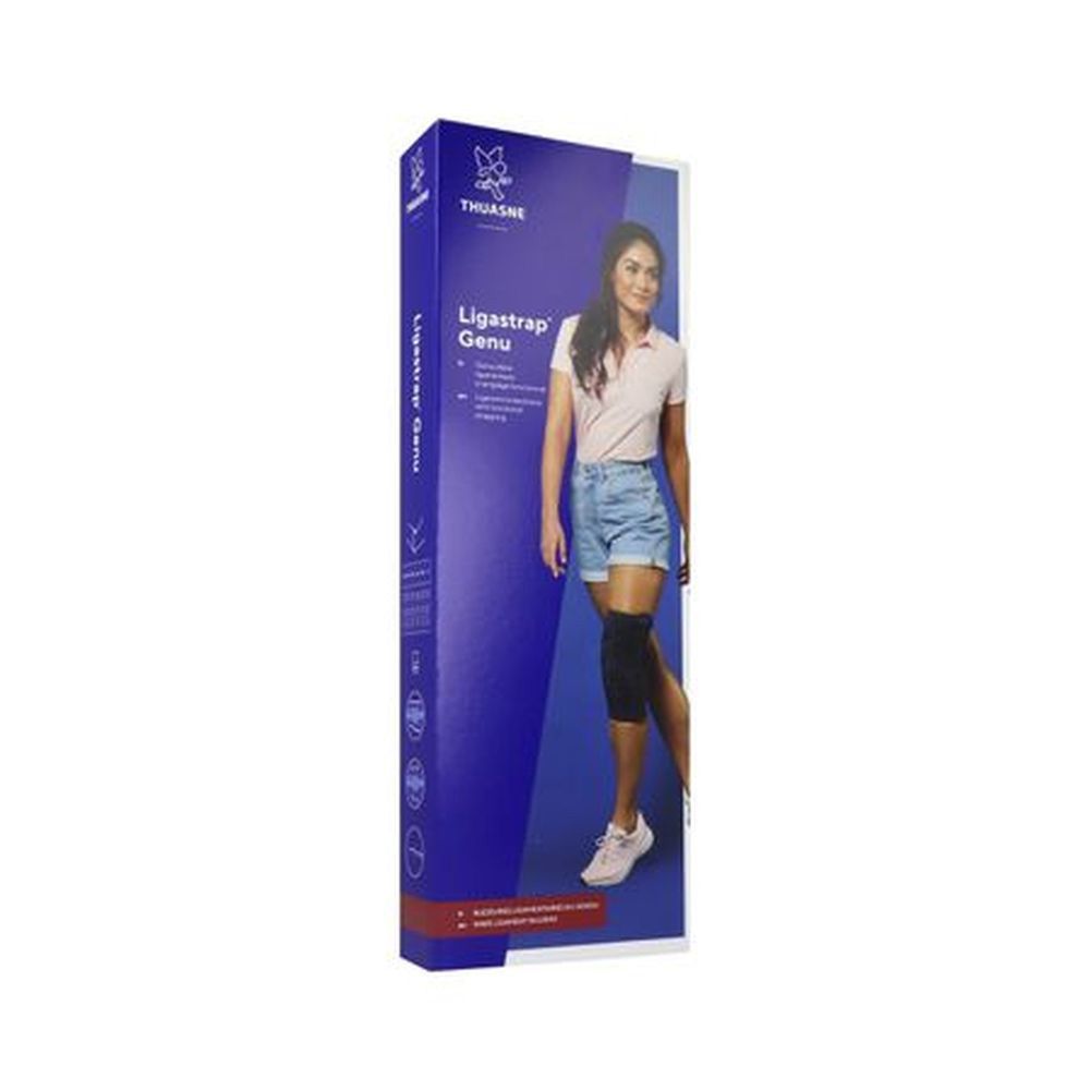 Emballage produit avec une femme portant une genouillère. Le nom Ligastrap Genu est visible sur l'emballage.