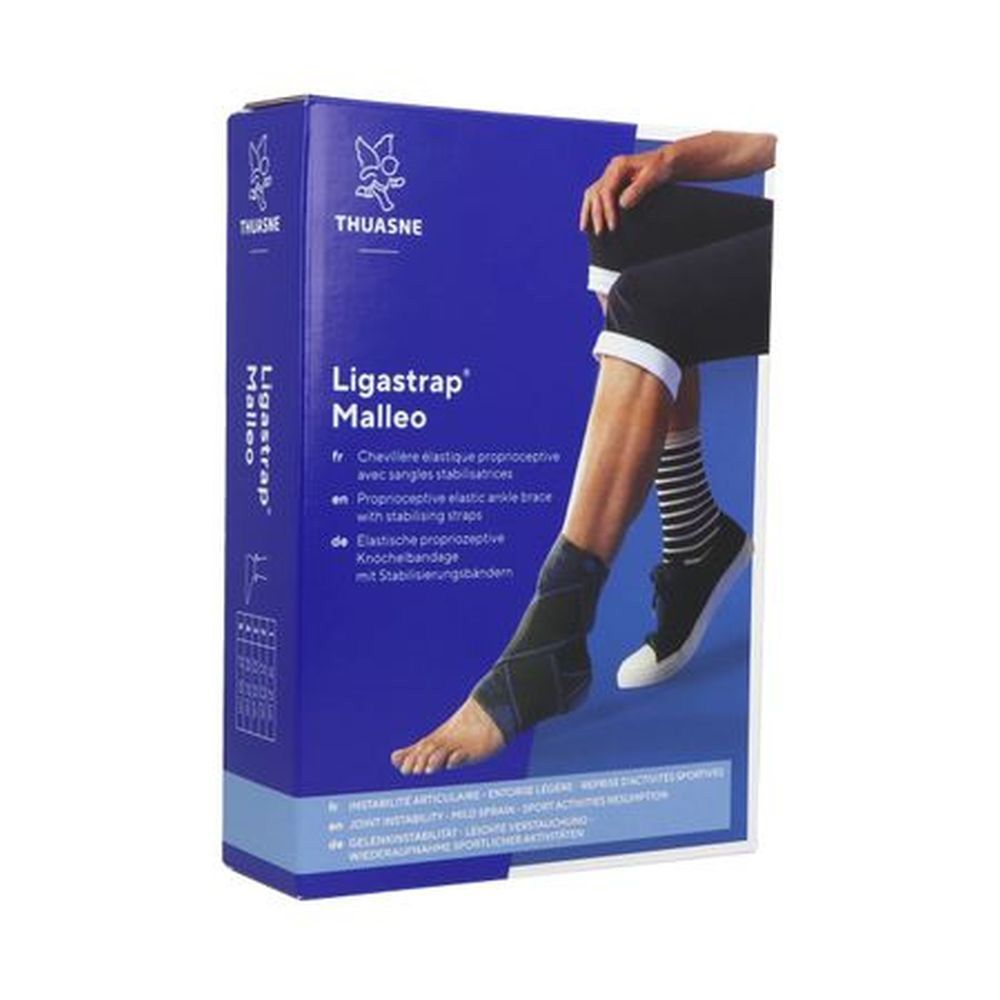Boîte de Ligastrap Malleo Cheville Gris T3. Boîte bleue avec image du produit et nom. Marque Thuasne. Chevillère élastique.