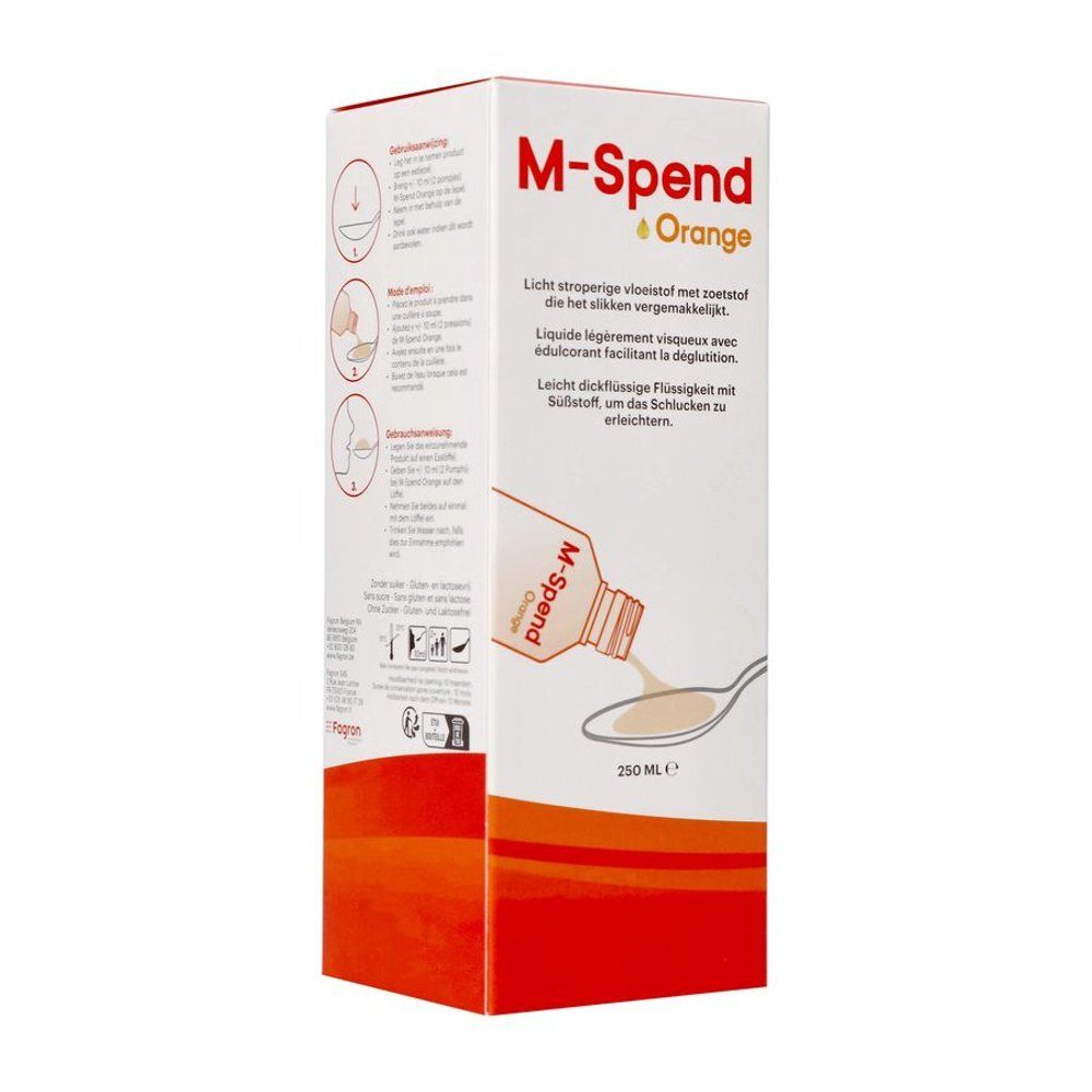 Voorkant van de M-Spend Orange doos met productnaam en illustratie.
