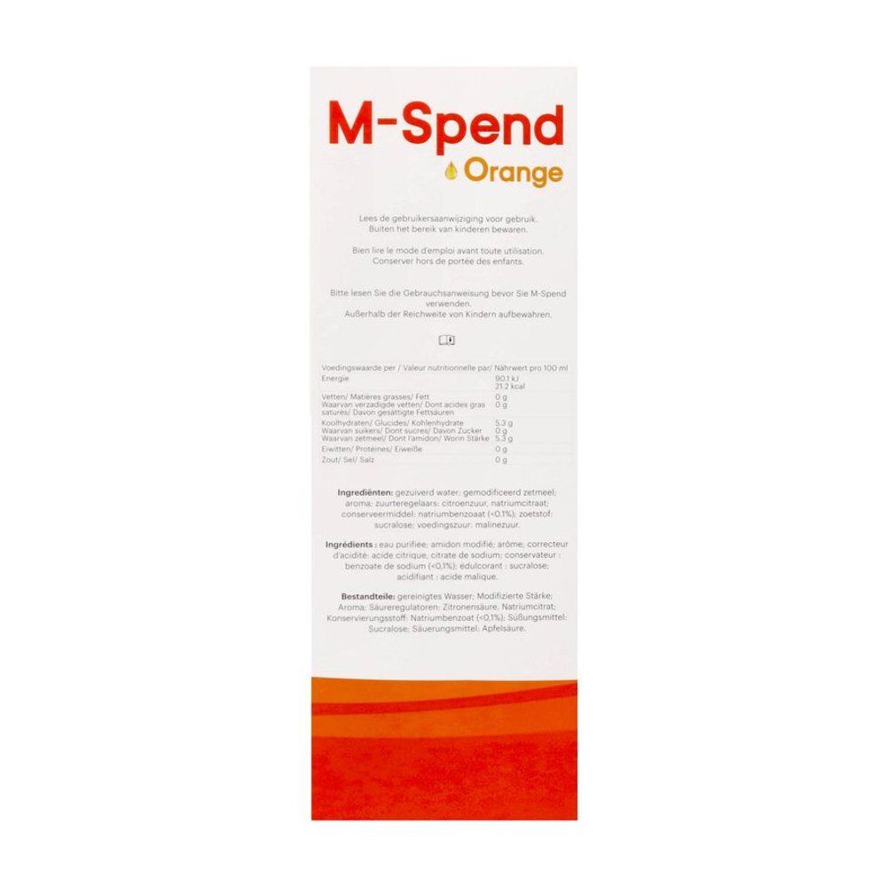 Zijaanzicht van de M-Spend Orange doos met gebruiksinstructies en zegels.
