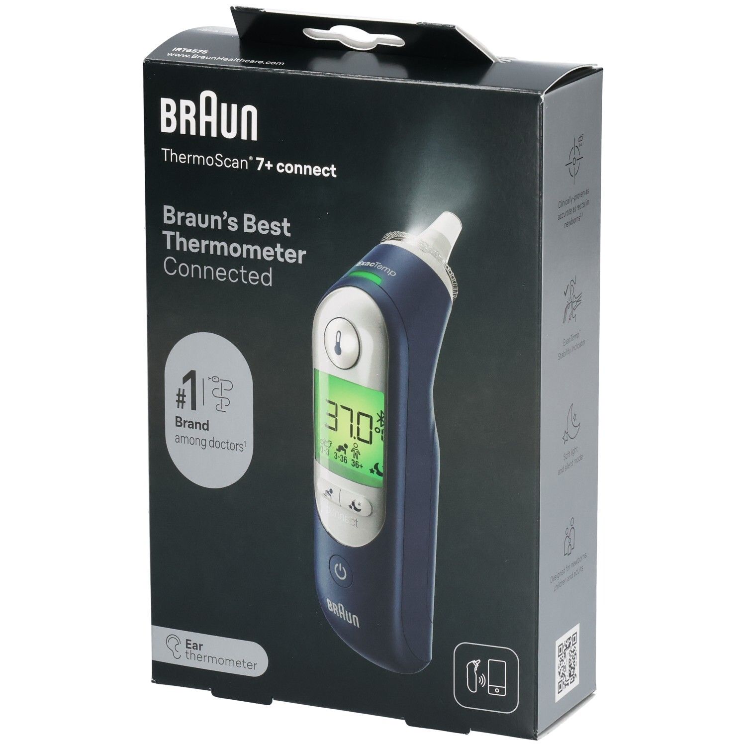 Boîte du Braun ThermoScan 7+ Connect. Thermomètre visible, affichant 37,0°C sur l'écran. Marque n°1 parmi les médecins.