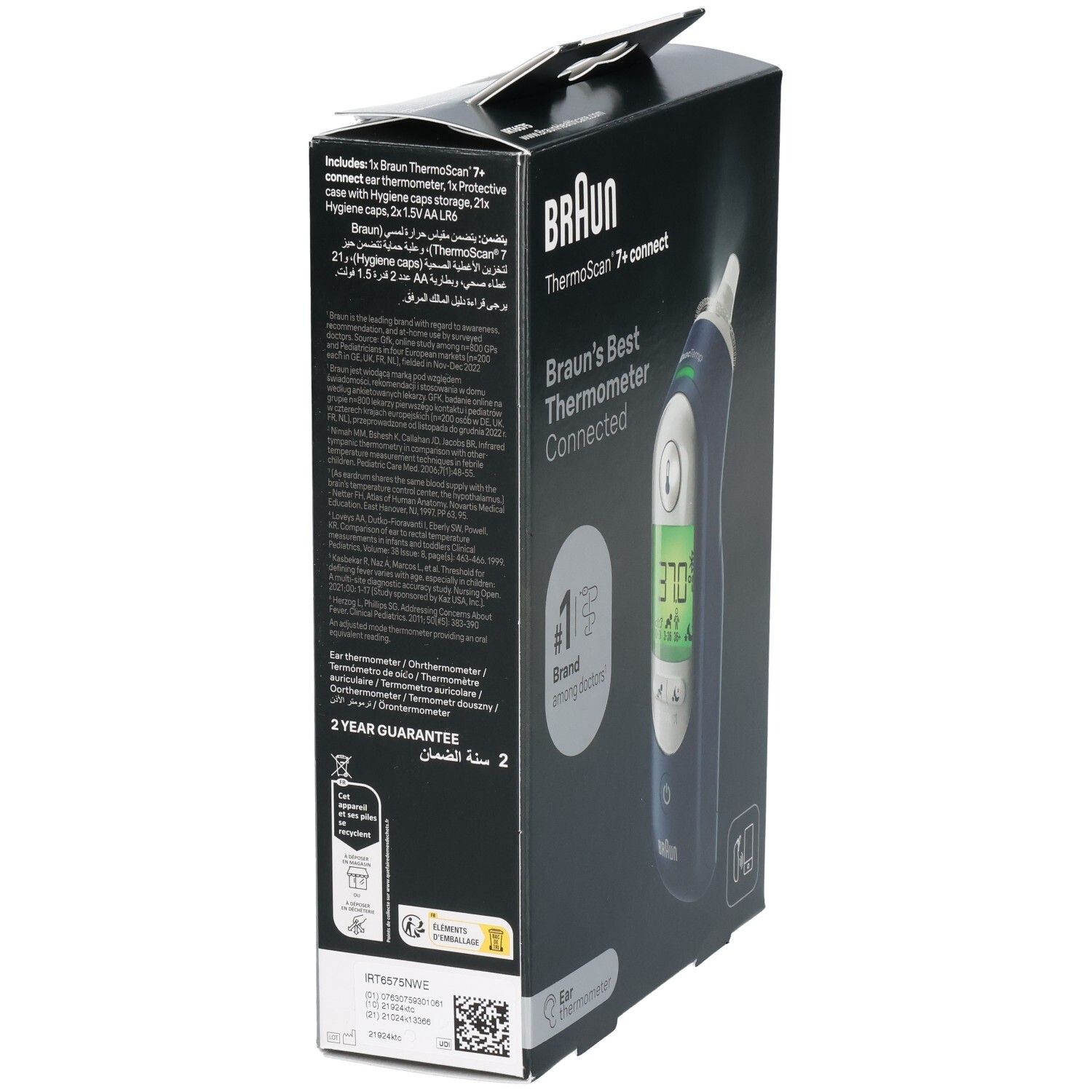 Dos de la boîte Braun ThermoScan 7+ Connect. Informations textuelles et thermomètre illustré. Garantie 2 ans.