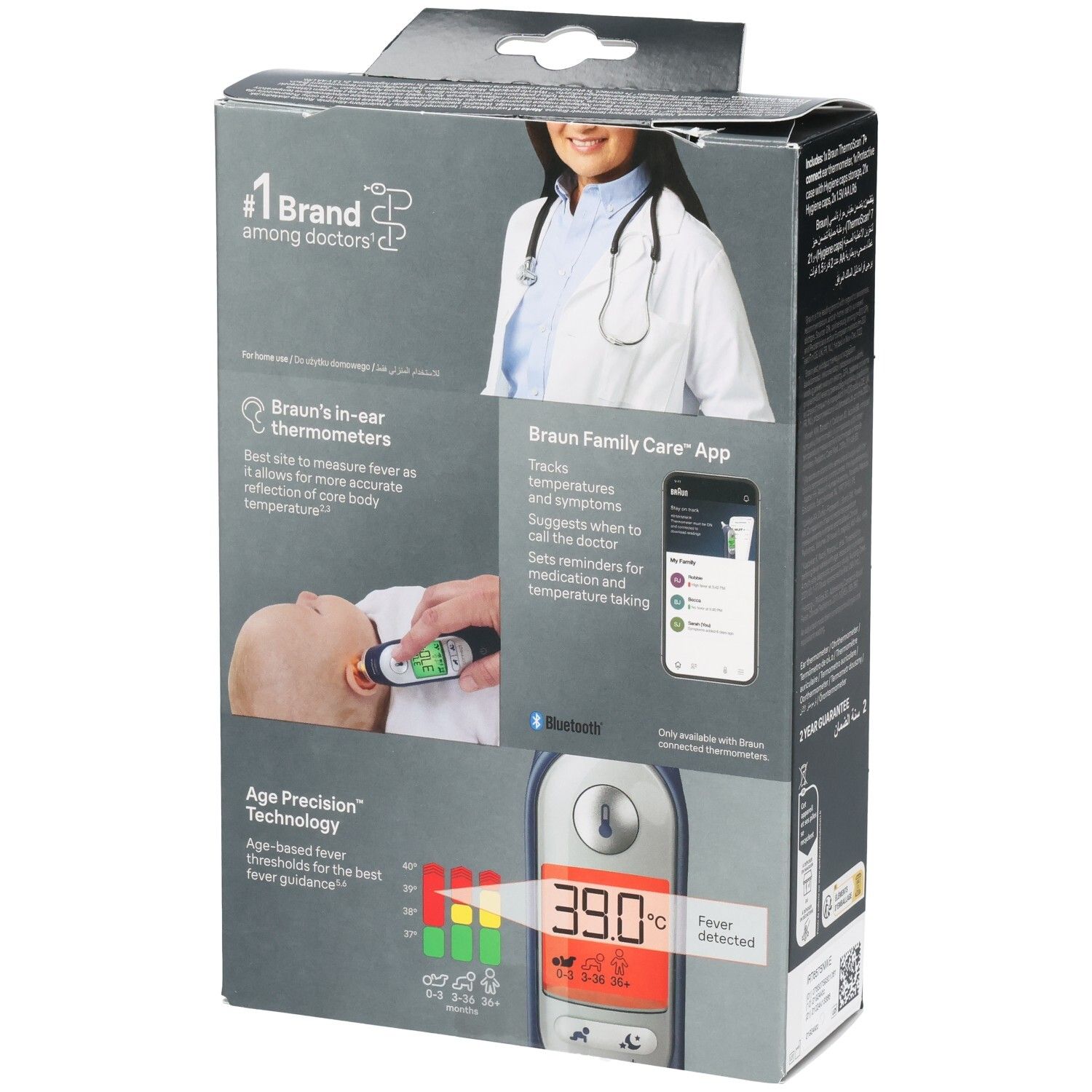 Dos de la boîte Braun ThermoScan 7+ Connect. Illustrations du thermomètre, des fonctions de l'application et de l'indicateur de fièvre.