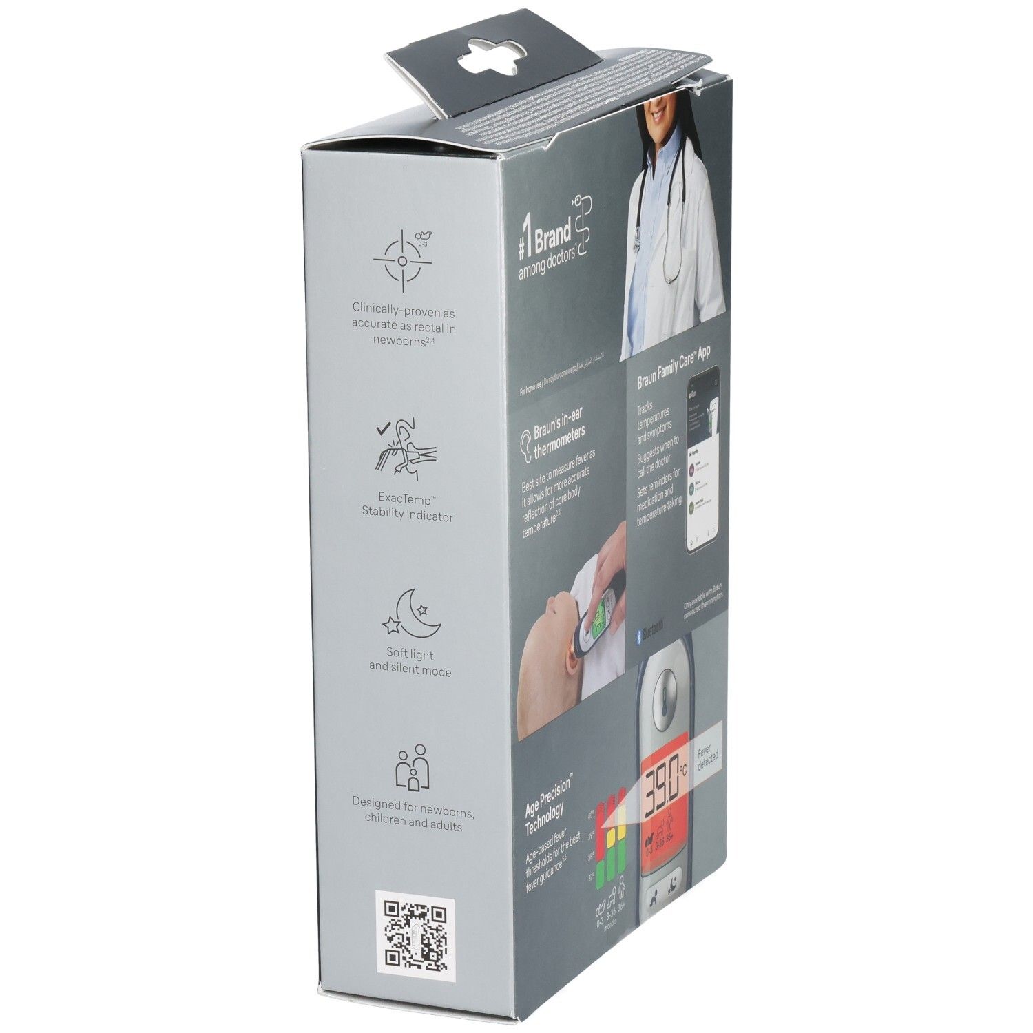 Côté de la boîte Braun ThermoScan 7+ Connect. Informations sur les fonctions, l'application et la technologie de fièvre basée sur l'âge.