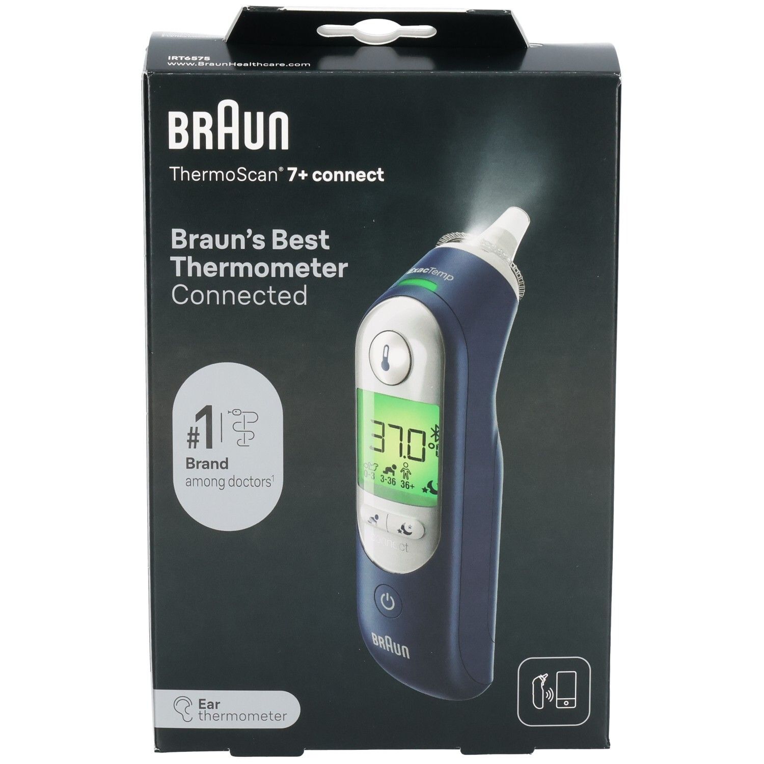 Boîte Braun ThermoScan 7+ Connect. Thermomètre visible, affichant 37,0°C sur l'écran. Marque n°1 parmi les médecins.
