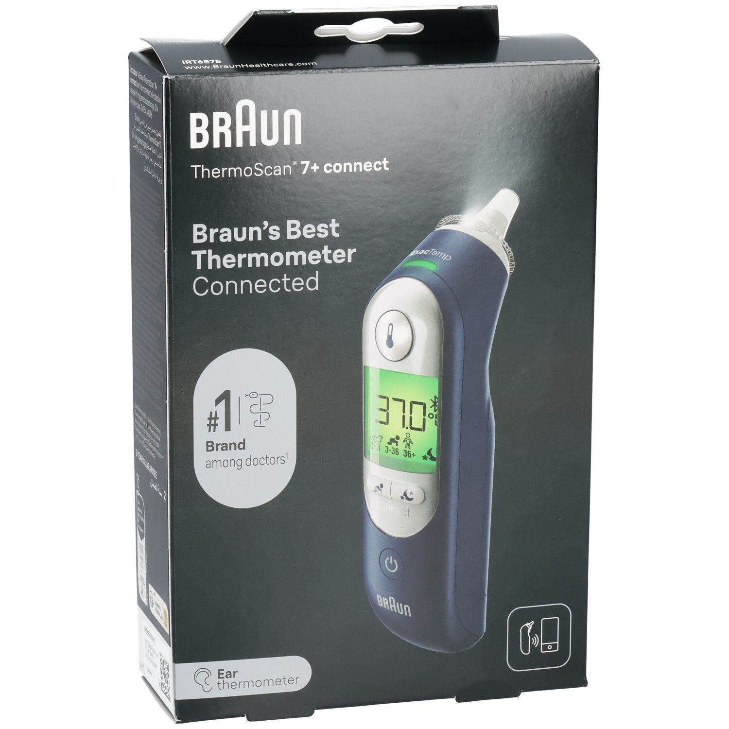 Boîte Braun ThermoScan 7+ Connect. Thermomètre visible, affichant 37,0°C sur l'écran. Marque n°1 parmi les médecins.