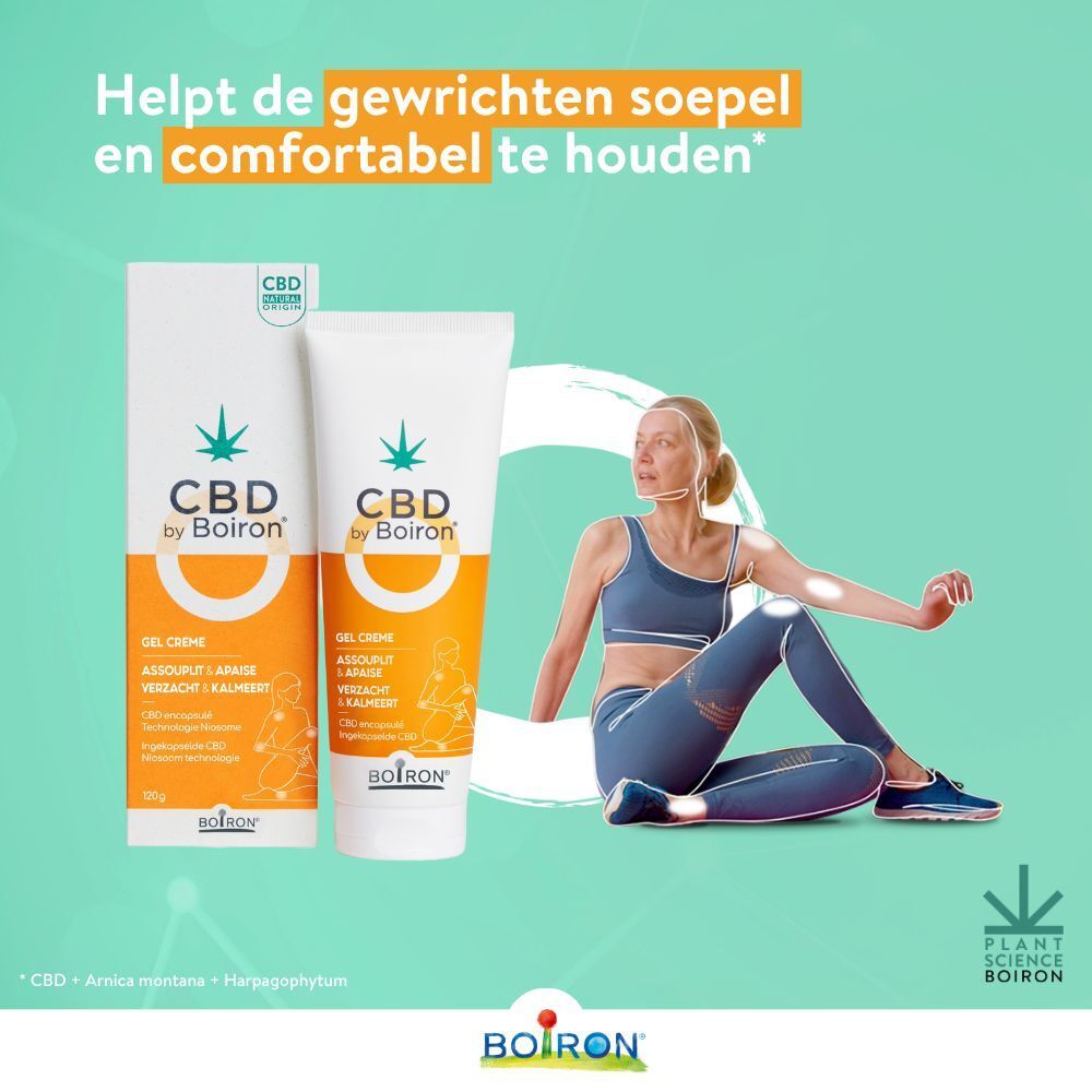 Productverpakking en tube met CBD by Boiron. Zittende vrouw. Tekst: Helpt de gewrichten soepel.