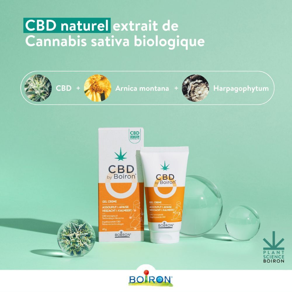Emballage et tube du produit CBD by Boiron. Texte : CBD + Arnica montana + Harpagophytum.