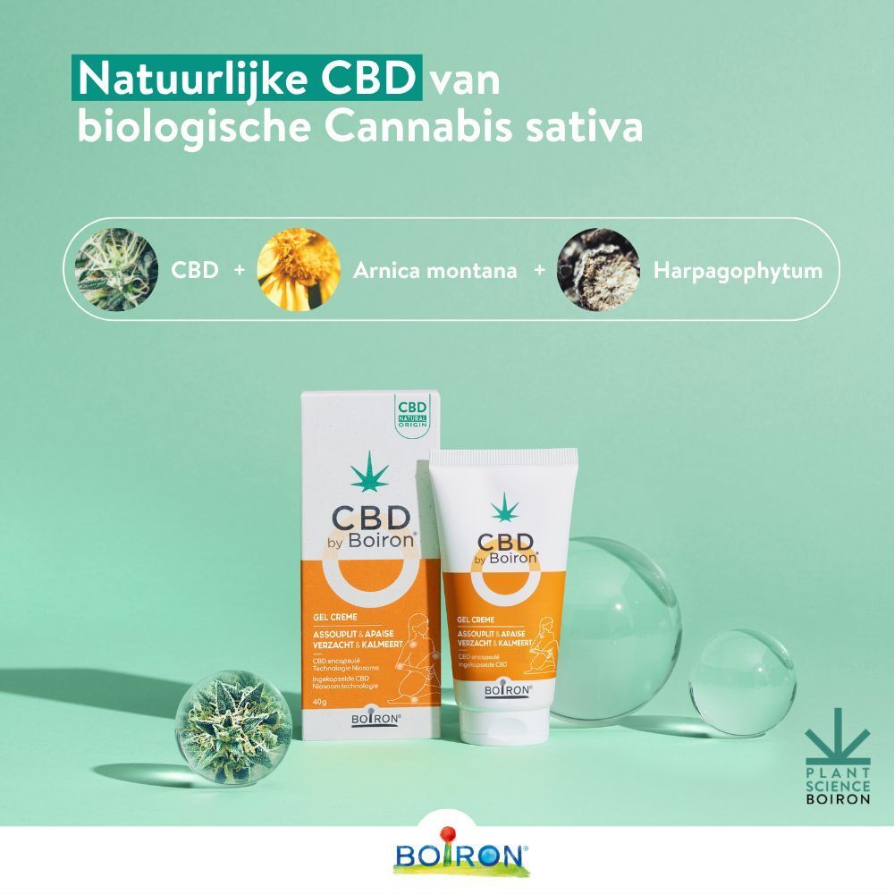 Productverpakking en tube met CBD by Boiron. Tekst: CBD + Arnica montana + Harpagophytum.