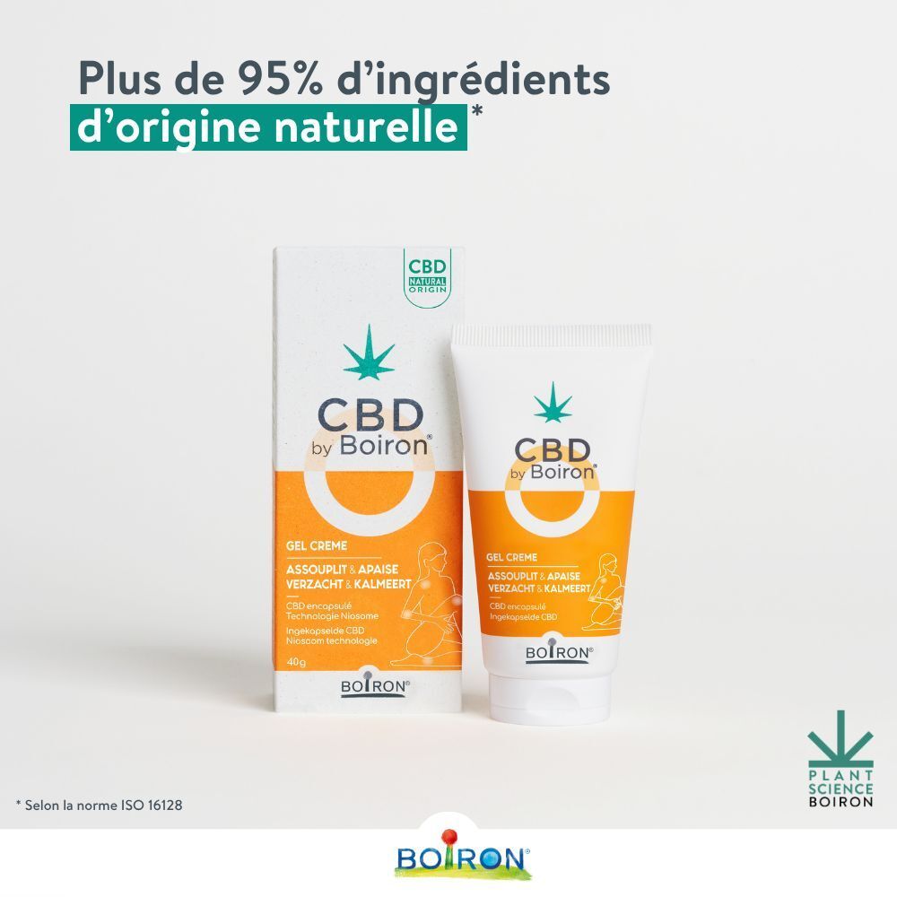 Emballage et tube du produit CBD by Boiron. Texte : Plus de 95% d'ingrédients d'origine naturelle.