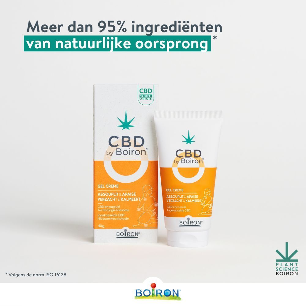 Productverpakking en tube met CBD by Boiron. Tekst: Meer dan 95% ingrediënten van natuurlijke oorsprong.