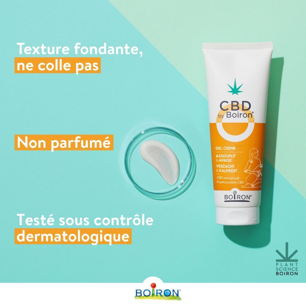 Personne appliquant le gel CBD by Boiron sur le genou. Texte : Texture fondante, ne colle pas.