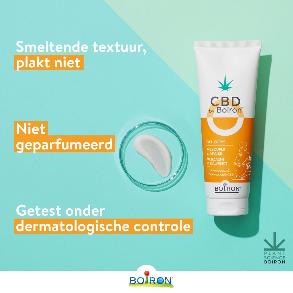 Persoon brengt CBD by Boiron gel aan op de knie. Tekst: Smeltende textuur, plakt niet.