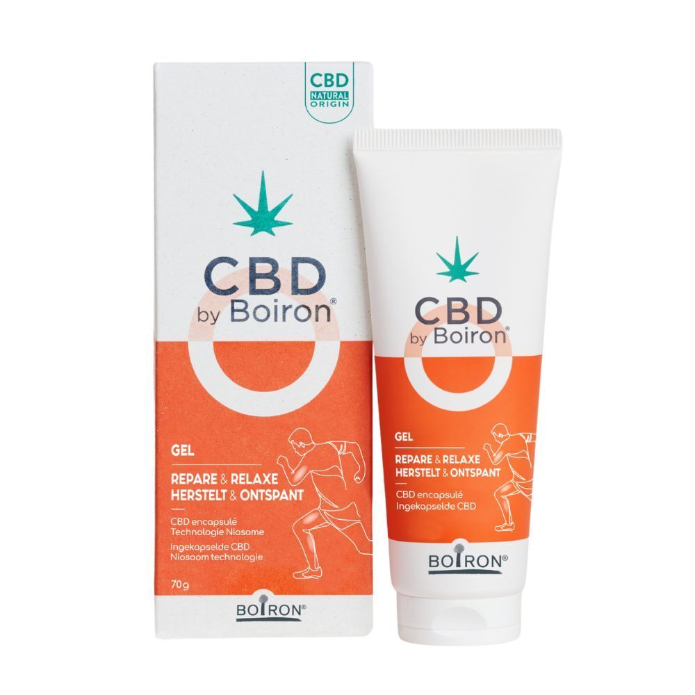 CBD by Boiron Gel Repare & Relaxe. Verpakking en tube. Tekst: Gel, Repare & Relaxe, 70g. Cannabis-logo.