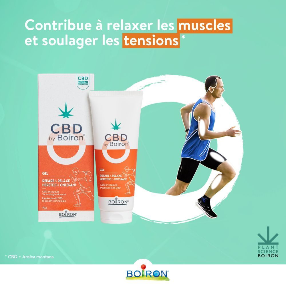 CBD by Boiron Gel Repare & Relaxe. Emballage et tube. Texte : Gel, Repare & Relaxe, 70g. Logo cannabis.