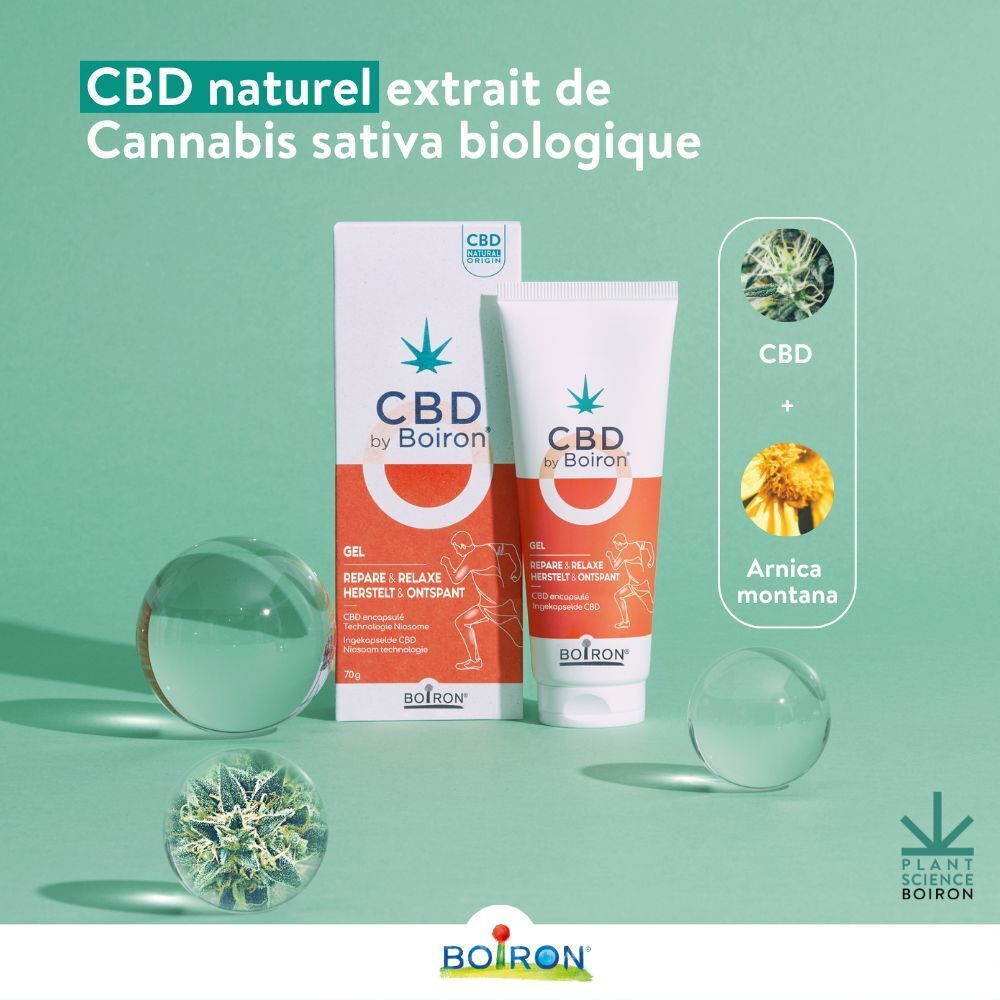CBD by Boiron Gel Repare & Relaxe. Emballage. Texte : Gel, Repare & Relaxe, 70g. Logo cannabis.