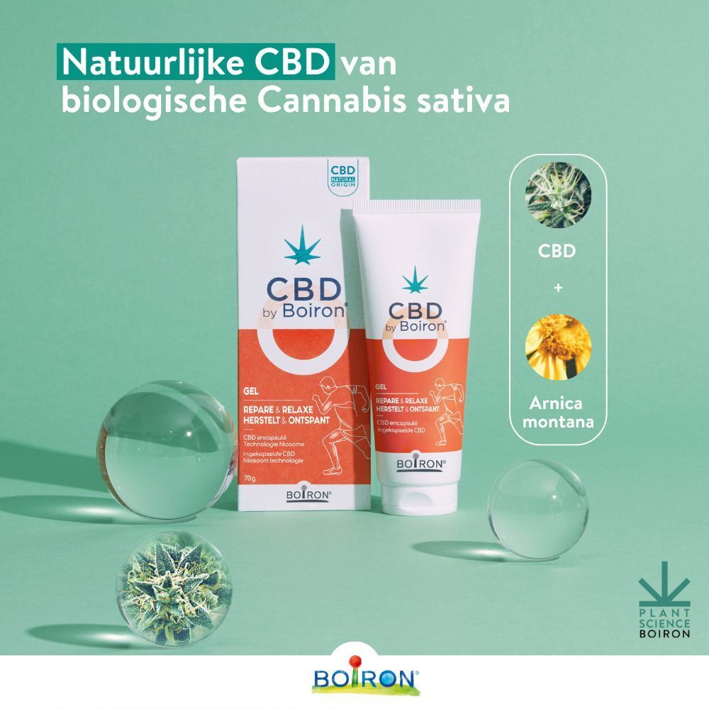CBD by Boiron Gel Repare & Relaxe. Verpakking en tube. Tekst: Gel, Repare & Relaxe, 70g. Cannabis-logo.