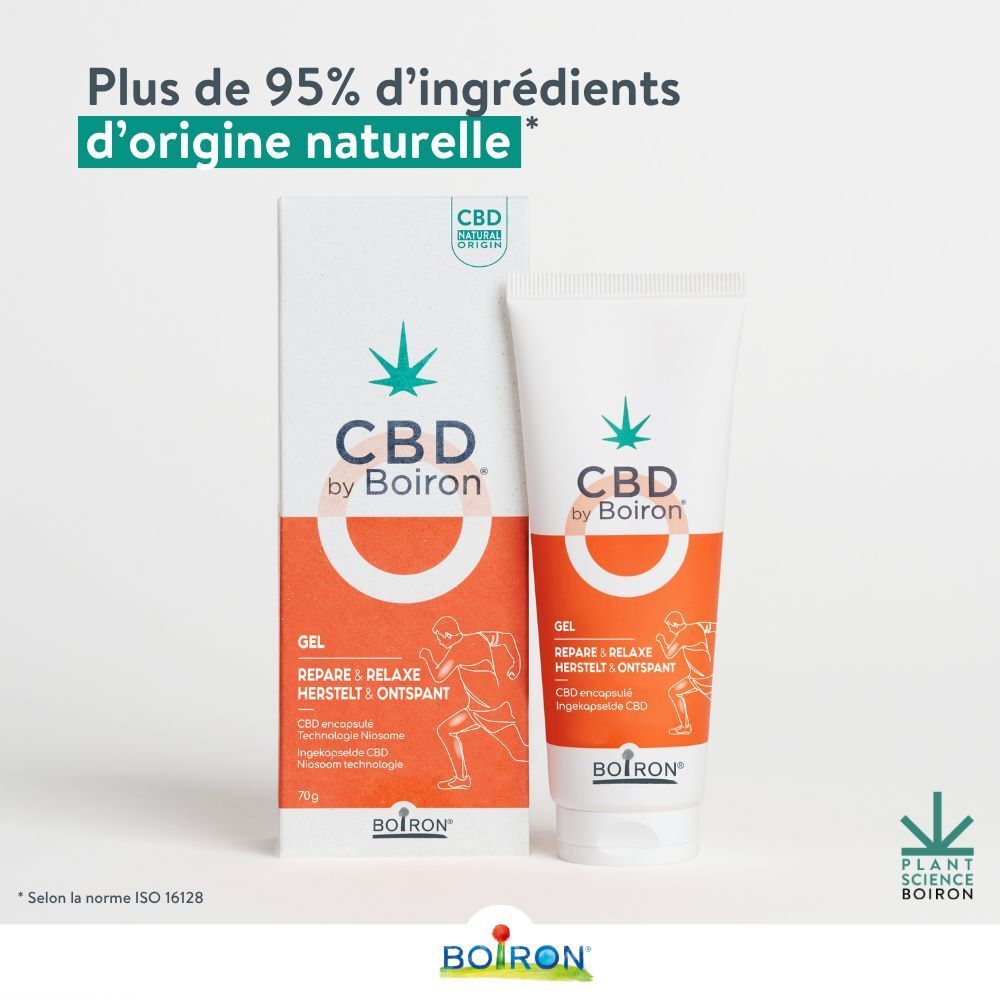 CBD by Boiron Gel Repare & Relaxe. Emballage. Texte : Gel, Repare & Relaxe, 70g. Logo cannabis.