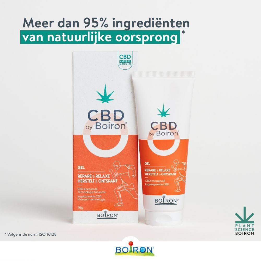 CBD by Boiron Gel Repare & Relaxe. Verpakking en tube. Tekst: Gel, Repare & Relaxe, 70g. Cannabis-logo.