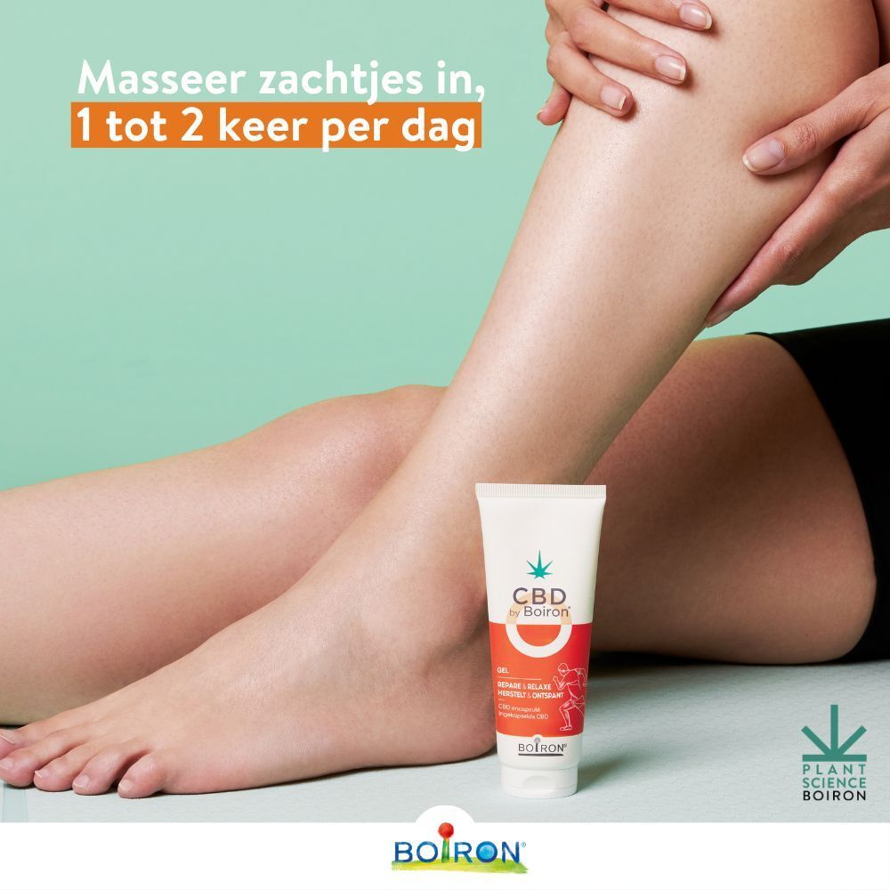 CBD by Boiron Gel Repare & Relaxe. Verpakking en tube. Tekst: Gel, Repare & Relaxe, 70g. Cannabis-logo.