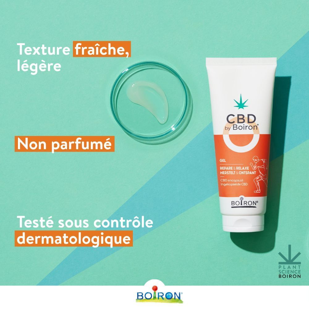 CBD by Boiron Gel Repare & Relaxe. Emballage. Texte : Gel, Repare & Relaxe, 70g. Logo cannabis.